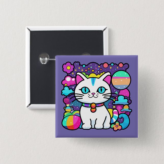 Badge Carré 5 Cm Joli Chat Cosmique Blanc (Devant & derrière)