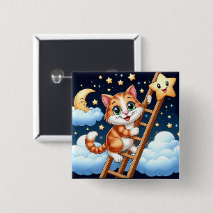 Badge Carré 5 Cm Joli Chat Grimpe à la Lune
