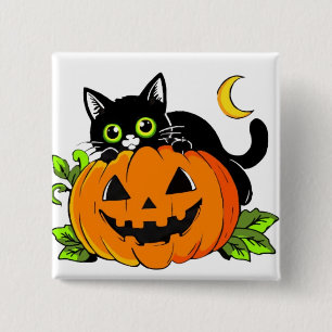 Badge Carré 5 Cm Joli chat noir sur citrouille Jack-O'-Lantern d'Ha