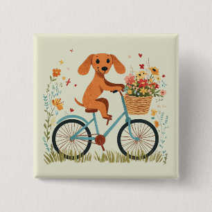 Badge Carré 5 Cm Joli chien teckel à vélo Fleurs printanières