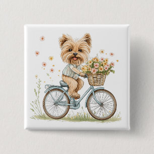 Badge Carré 5 Cm Joli chien Yorkie faisant du vélo avec des fleurs