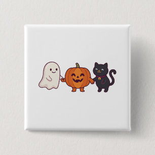 Badge Carré 5 Cm Joli Fantôme Chat Noir & Citrouille Halloween