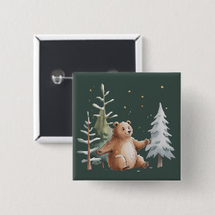 Badge Carré 5 Cm Joli ours enneigé d'hiver Fantaisie hivernale de l