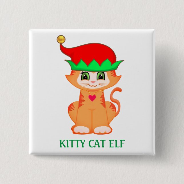 Badge Carré 5 Cm Joli Petit Chat Elfe de Noël (Devant)