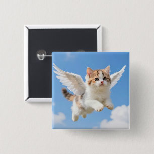Badge Carré 5 Cm Joli Petit Chat Volant Calico Tabby Ciel Bleu