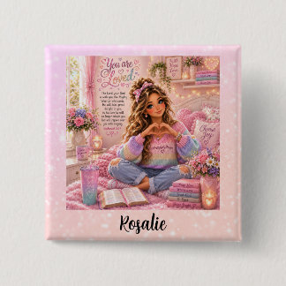 Badge Carré 5 Cm Jolie Bible chrétienne fille arc-en-ciel rose past