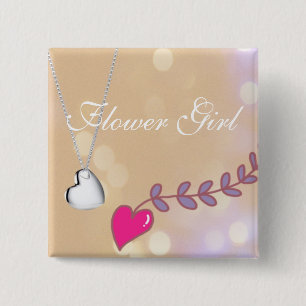Badge Carré 5 Cm Jolie cœur rose et argent mariage fillette fleur