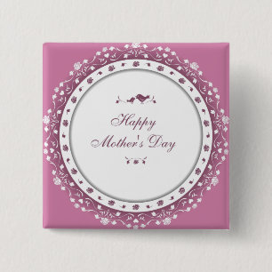Badge Carré 5 Cm Jolie Fête des Mères cœur et fleur violet et blanc