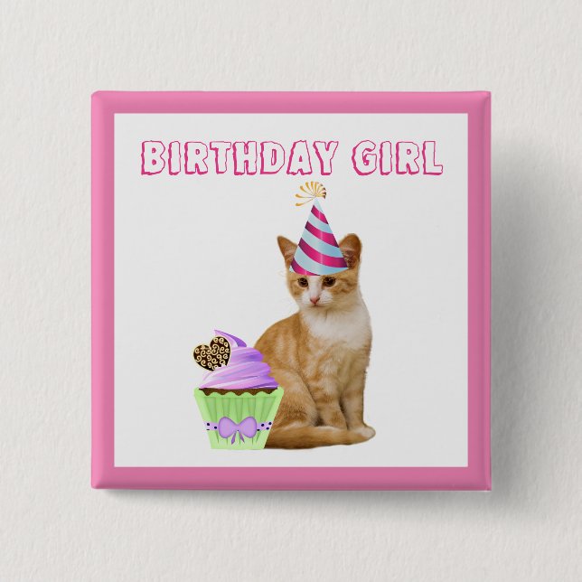Badge Carré 5 Cm Jolie fille d'anniversaire avec chat Kitty (Devant)