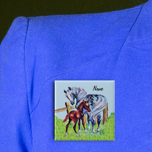 Badge Carré 5 Cm Jolie Mère Horse avec Colt Brown Herbe