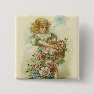 Badge Carré 5 Cm Jolie Petite Fille Roses Roses Pink n'est pas trad