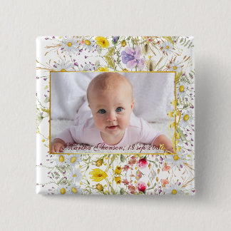 Badge Carré 5 Cm Jolie photo de bébé fille à l'aquarelle florale ro