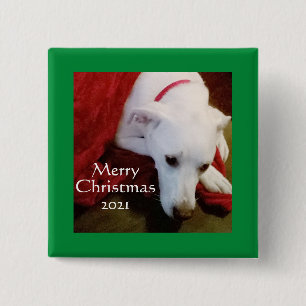 Badge Carré 5 Cm Jote Snowy Blanc Chien Chien Chien Carré vert Noël