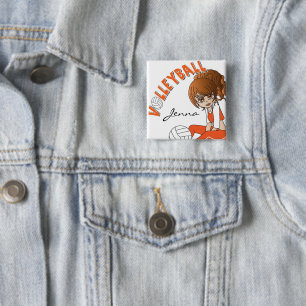 Badge Carré 5 Cm Joueur de volleyball mignon de fille dans l'orange