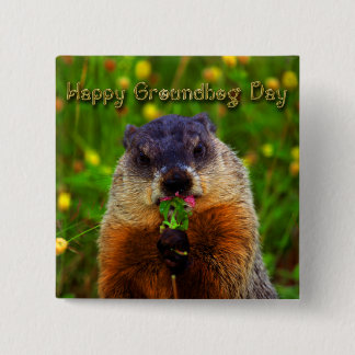 Badge Carré 5 Cm Jour de Groundhog heureux mangeant la fleur