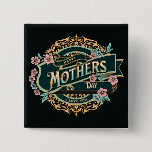 Badge Carré 5 Cm Joyeuse fête des mères Fleurs florales noires et d