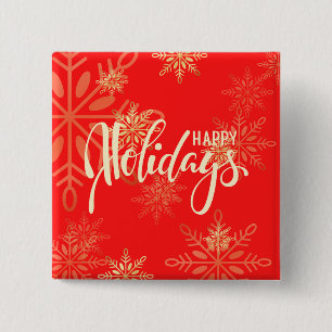 Badge Carré 5 Cm Joyeuses fêtes Noël or flocons rouges