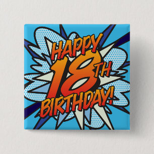 Badge Carré 5 Cm Joyeux 18e ANNIVERSAIRE Bande dessinée rétro amusa