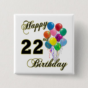 Badge Carré 5 Cm Joyeux 22ème anniversaire avec des ballons