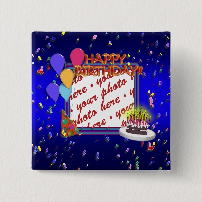 Badge Carré 5 Cm Joyeux Anniversaire Avec Cadre Photo Confetti (Devant)
