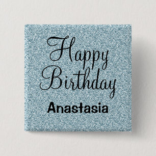 Badge Carré 5 Cm Joyeux Anniversaire Bleu Argent Paillettes Brillan