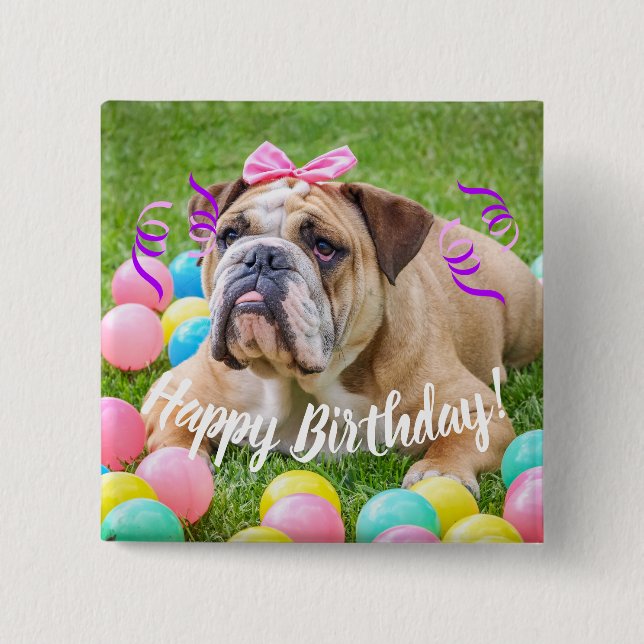 Badge Carré 5 Cm Joyeux anniversaire de bouledogue mignon (Devant)
