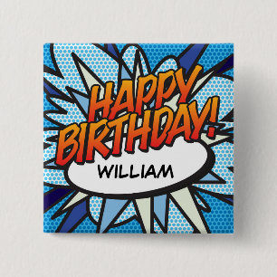 Badge Carré 5 Cm Joyeux Anniversaire Livre de Bande Dessinée Rétro 
