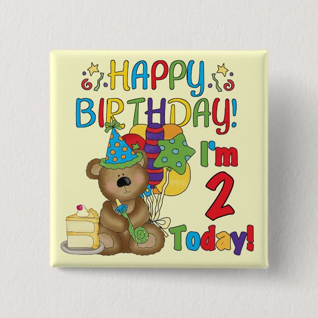 Badge Carré 5 Cm Joyeux anniversaire Teddy Bear 2e anniversaire (Devant)
