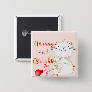 Badge Carré 5 Cm Joyeux Chat Jouer Avec Lumière LED   Noël mignon