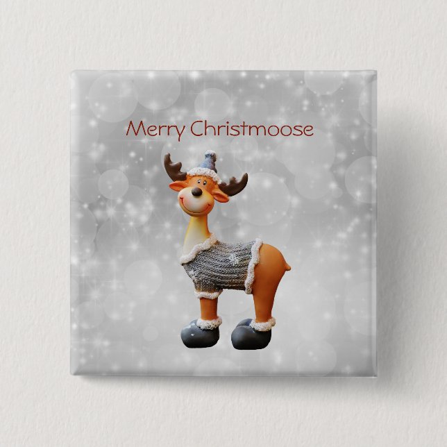 Badge Carré 5 Cm Joyeux Christmoose portant un casquette (Devant)