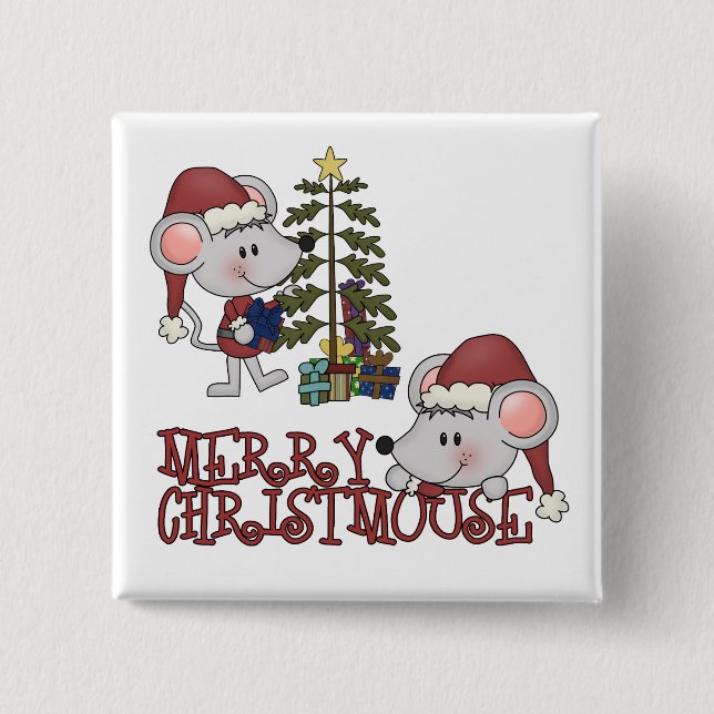Badge Carré 5 Cm Joyeux Christmouse avec l'arbre (Devant)