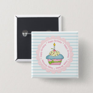 Badge Carré 5 Cm Joyeux Cupcakes Anniversaire Bleu Stripes avec ros