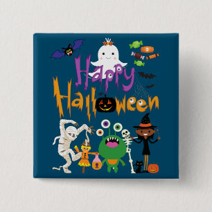 Badge Carré 5 Cm Joyeux Halloween Enfants mignonnes et Éffrayants