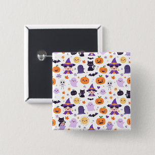 Badge Carré 5 Cm Joyeux Halloween Sorcières Fantômes Chats Chauves-