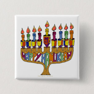 Badge Carré 5 Cm Joyeux Hanukkah Toupies Menorah