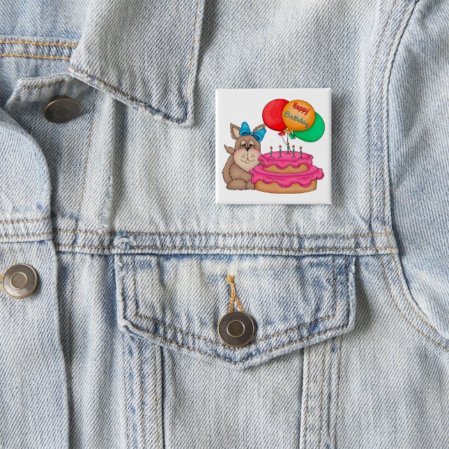 Badge Carré 5 Cm Joyeux Marionnette mignonne avec ballons et gâteau (Créateur téléchargé)