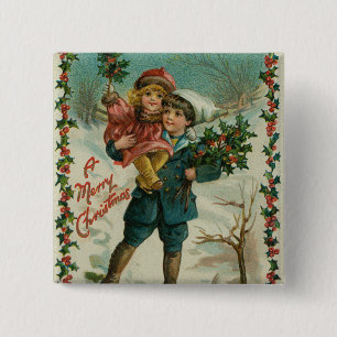Badge Carré 5 Cm Joyeux Noël - carte postale rétro, enfants, houx