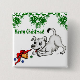 Badge Carré 5 Cm Joyeux Noël ! Chiot avec Bell et Ball