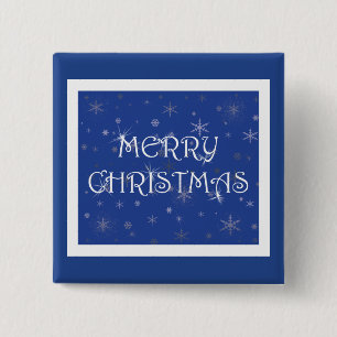 Badge Carré 5 Cm Joyeux Noël en bleu avec des flocons de neige