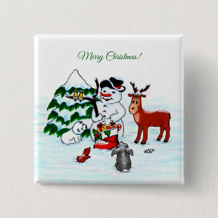 Badge Carré 5 Cm Joyeux Noël ! Snowman avec amis