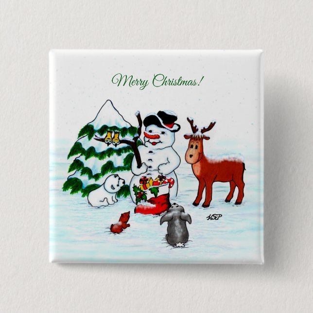 Badge Carré 5 Cm Joyeux Noël ! Snowman avec amis (Devant)