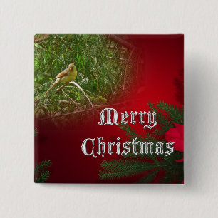 Badge Carré 5 Cm Joyeux oiseau-chanteur cardinal de Noël féminin
