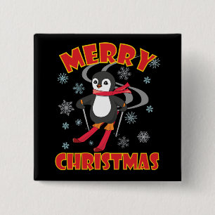 Badge Carré 5 Cm Joyeux pingouin de ski de Noël