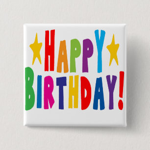 Badge Carré 5 Cm Joyeux texte d'anniversaire coloré