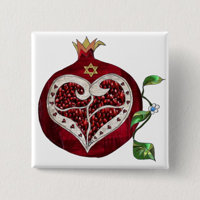 Badge Carré 5 Cm Judaica Pomegranate Heart Hanoukka Rosh Hashanah (Devant)