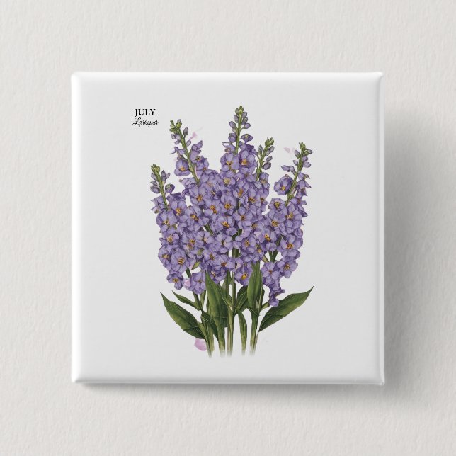 Badge Carré 5 Cm Juillet Larkspur Bloom - Cadeau d'anniversaire per (Devant)