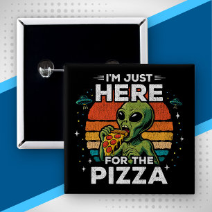 Badge Carré 5 Cm Juste ici pour la Pizza Rétro Espace Drôle Alien