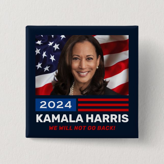 Badge Carré 5 Cm Kamala Harris 2024 Nous Ne Reviendrons Pas (Devant)