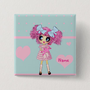 Badge Carré 5 Cm Kawaii Girl PinkyP pastel bleu