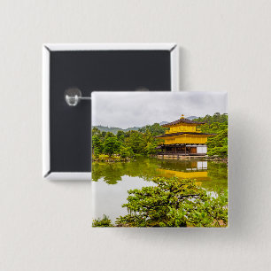 Badge Carré 5 Cm Kinkaku-ji Ou Pavillon D'Or Et Étang, Kyoto
